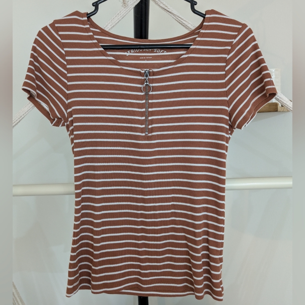 AERO Orange and White Striped Short Sleeve Top